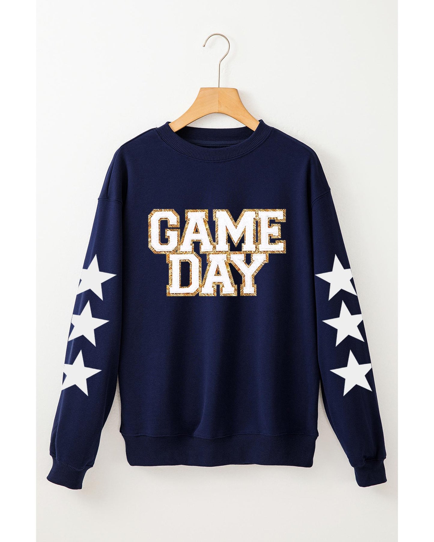 Navy Blue GAME DAY Printed Star Sleeve Crewneck Pullover Sweatshirt - L