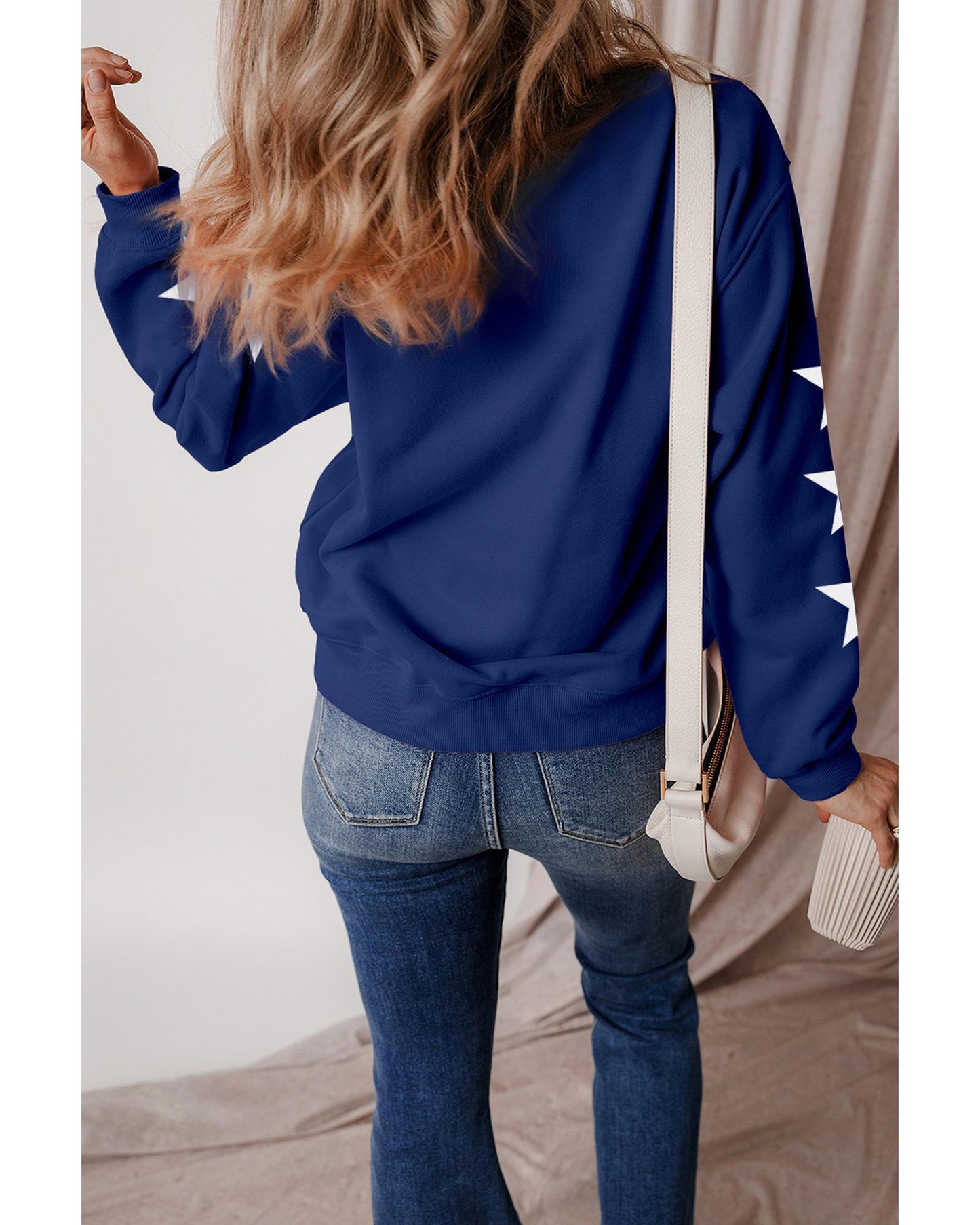 Navy Blue GAME DAY Printed Star Sleeve Crewneck Pullover Sweatshirt - M