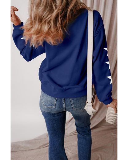 Navy Blue GAME DAY Printed Star Sleeve Crewneck Pullover Sweatshirt - M