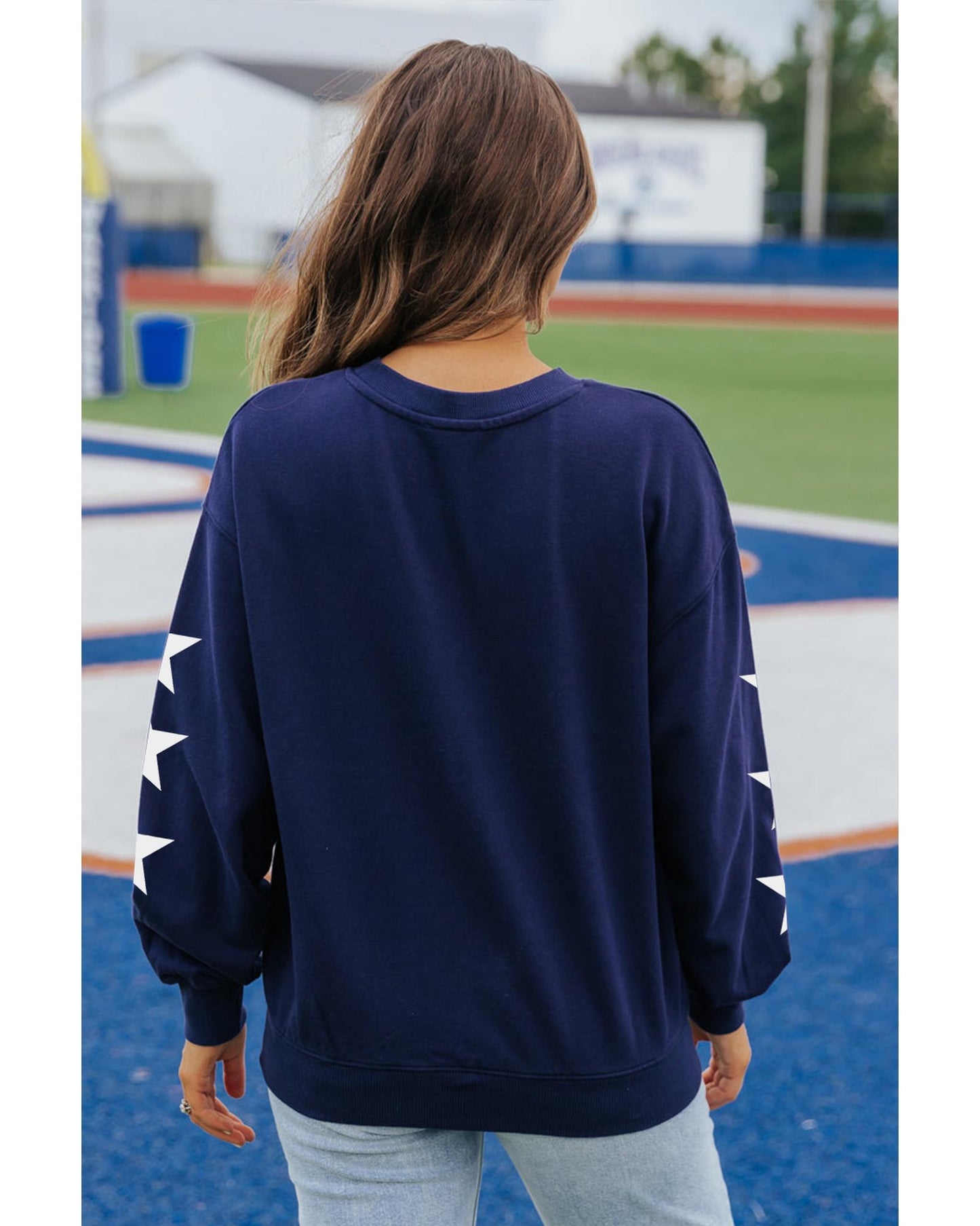 Navy Blue GAME DAY Printed Star Sleeve Crewneck Pullover Sweatshirt - M