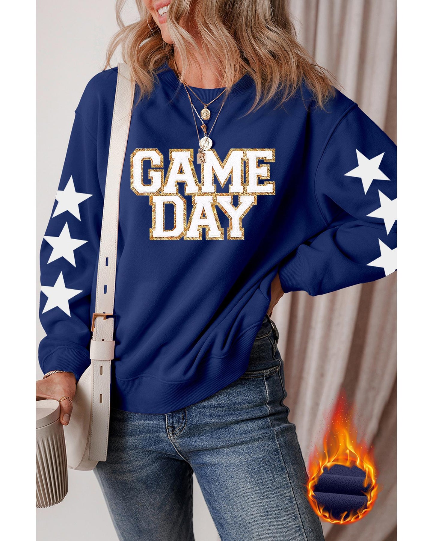 Navy Blue GAME DAY Printed Star Sleeve Crewneck Pullover Sweatshirt - M