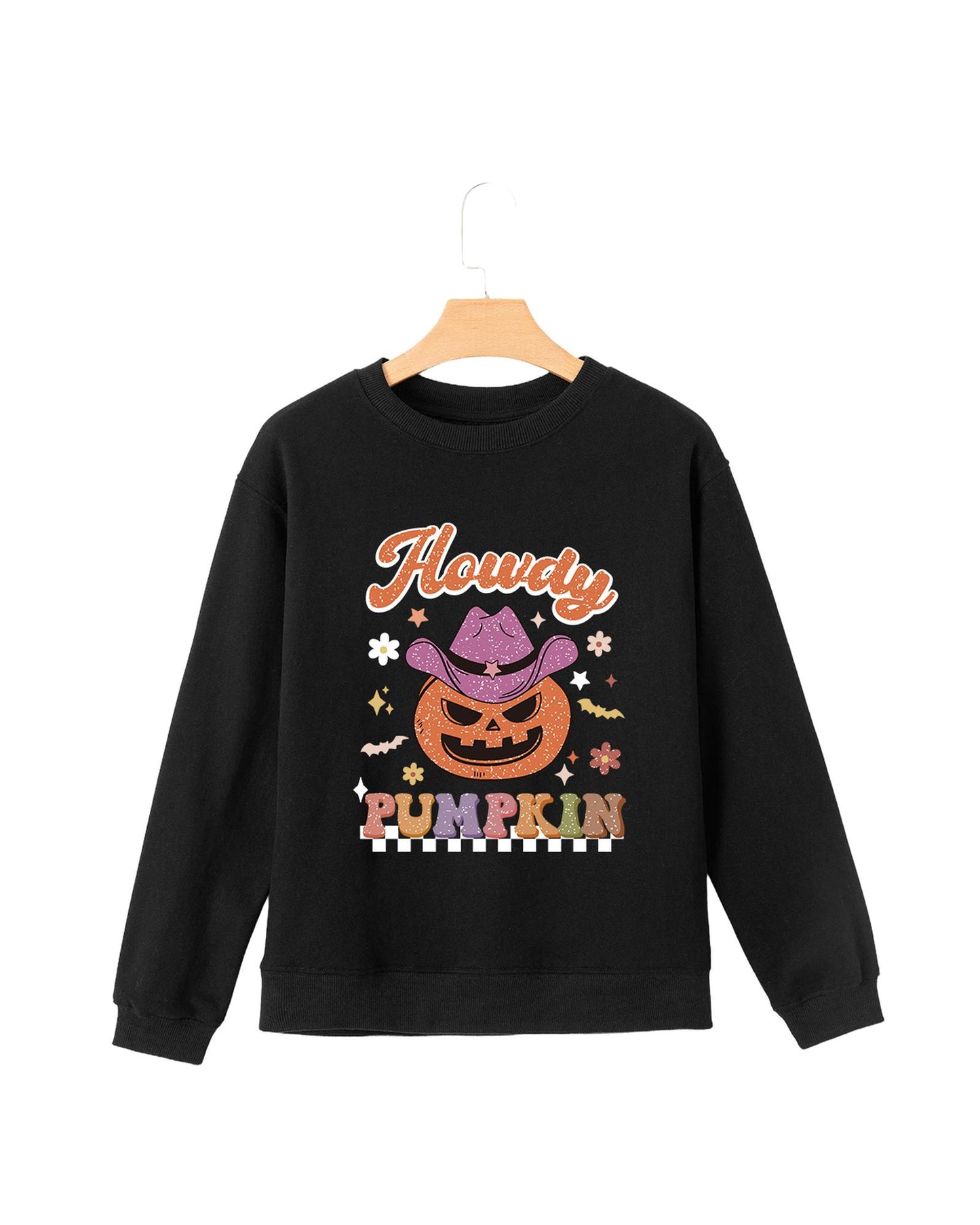 Black Halloween Howdy PUMPKIN Print Crew Neck Pullover Sweatshirt - M