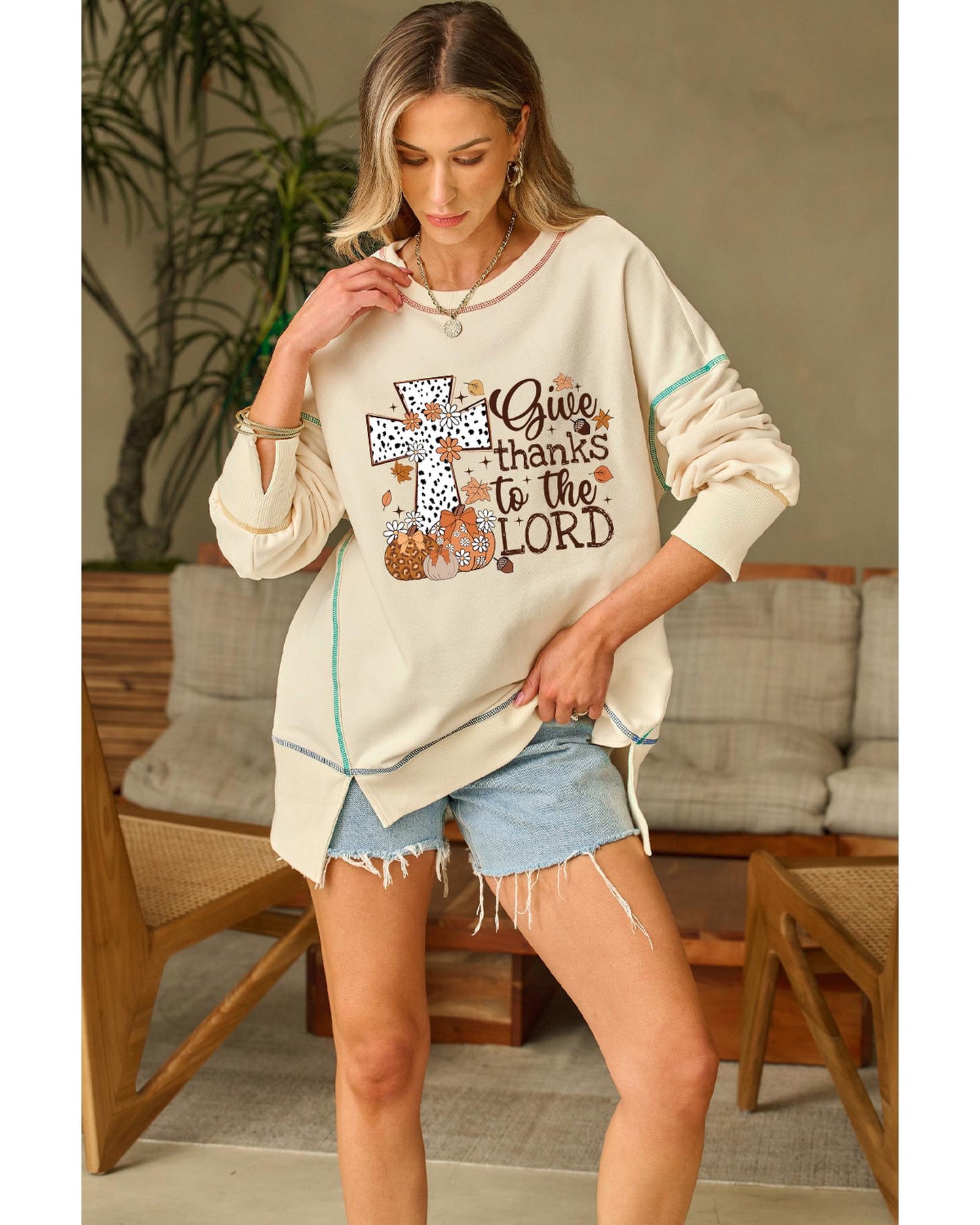 White Give Thanks to the LORD Graphic High Low Hem Loose Sweatshirt - M