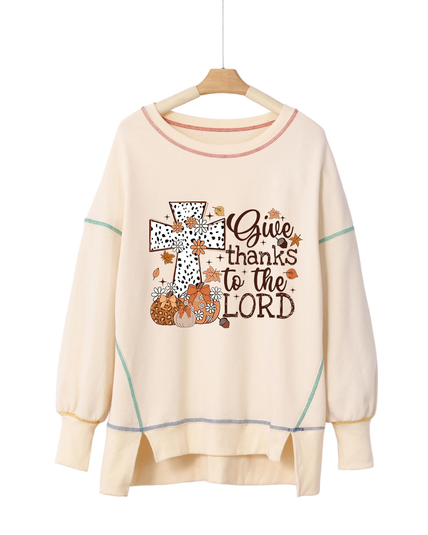 White Give Thanks to the LORD Graphic High Low Hem Loose Sweatshirt - S
