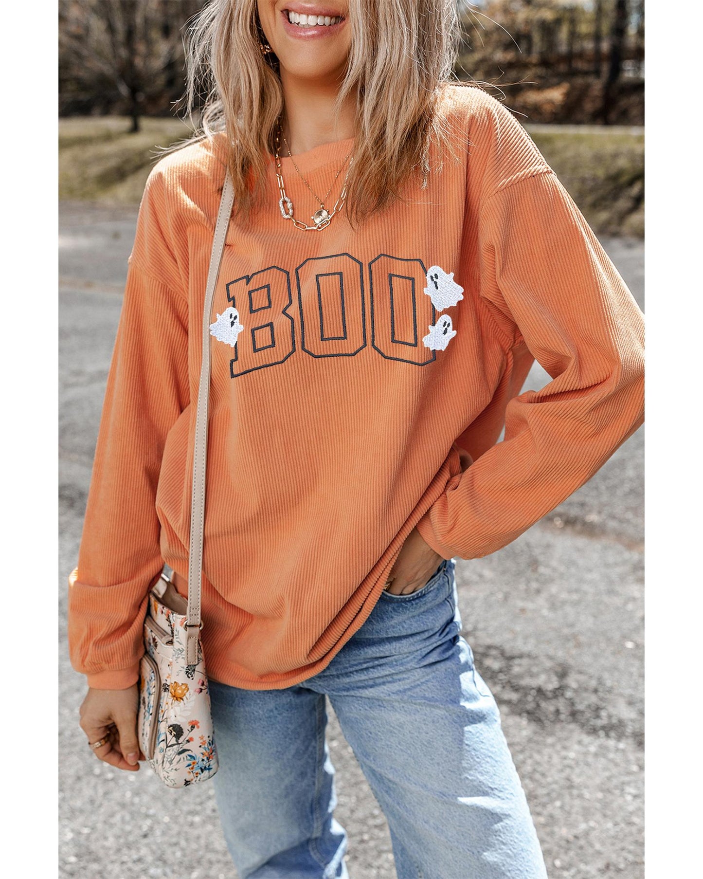 Orange Embroidered BOO Ghost Corded Halloween Sweatshirt - M