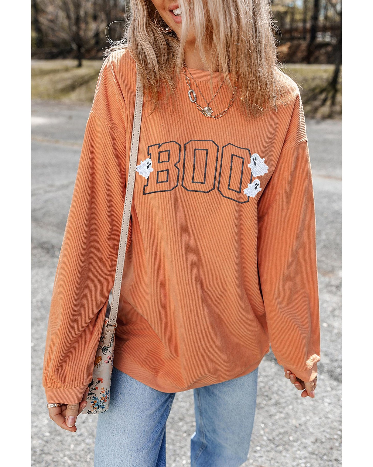 Orange Embroidered BOO Ghost Corded Halloween Sweatshirt - M