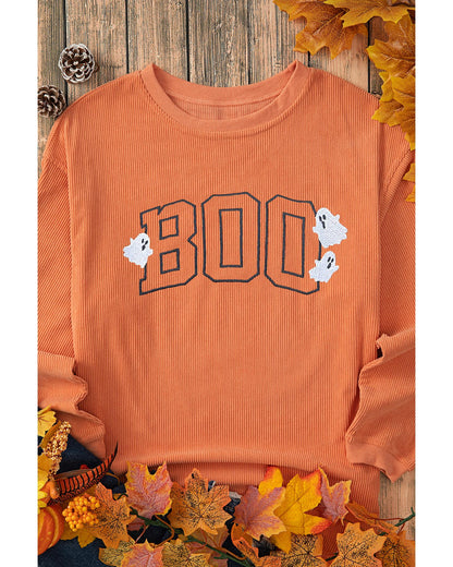 Orange Embroidered BOO Ghost Corded Halloween Sweatshirt - M