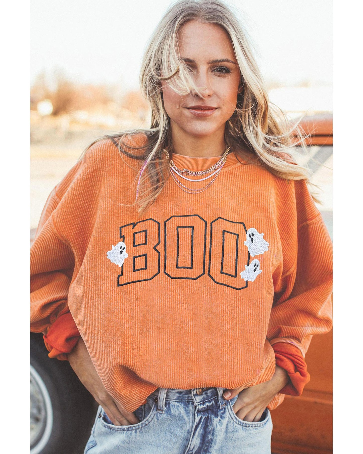 Orange Embroidered BOO Ghost Corded Halloween Sweatshirt - M