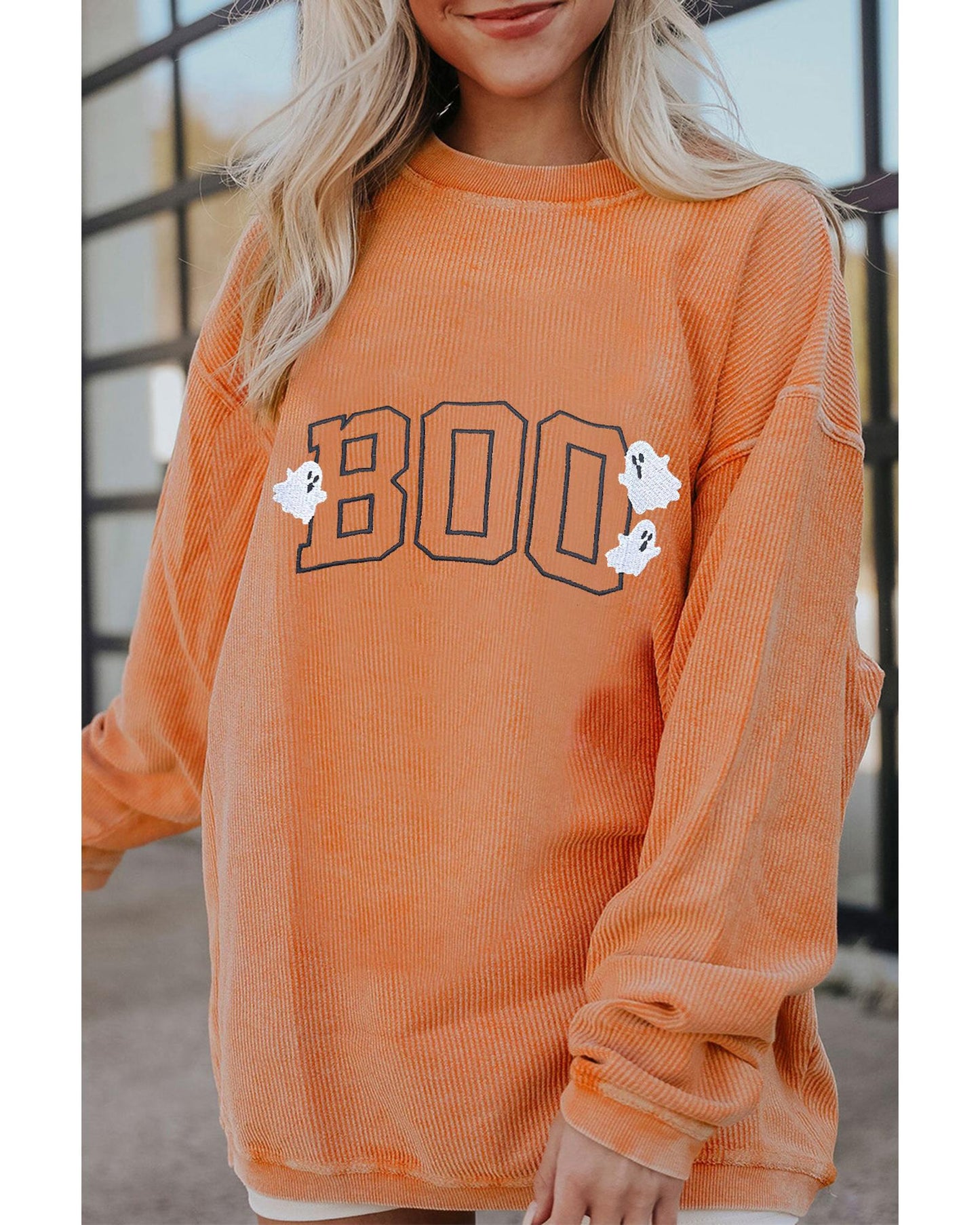 Orange Embroidered BOO Ghost Corded Halloween Sweatshirt - XL