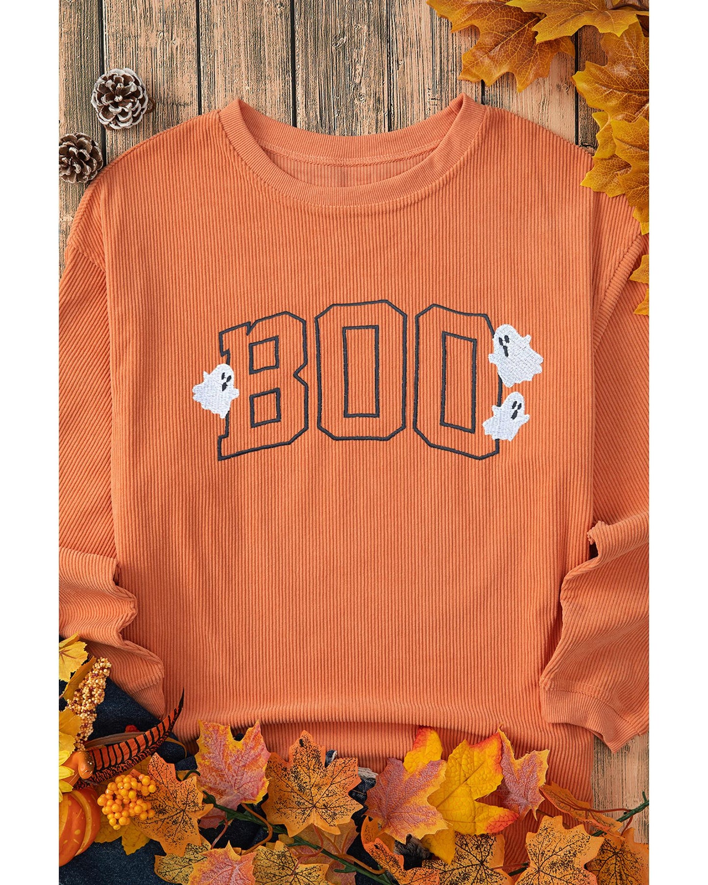 Orange Embroidered BOO Ghost Corded Halloween Sweatshirt - XL