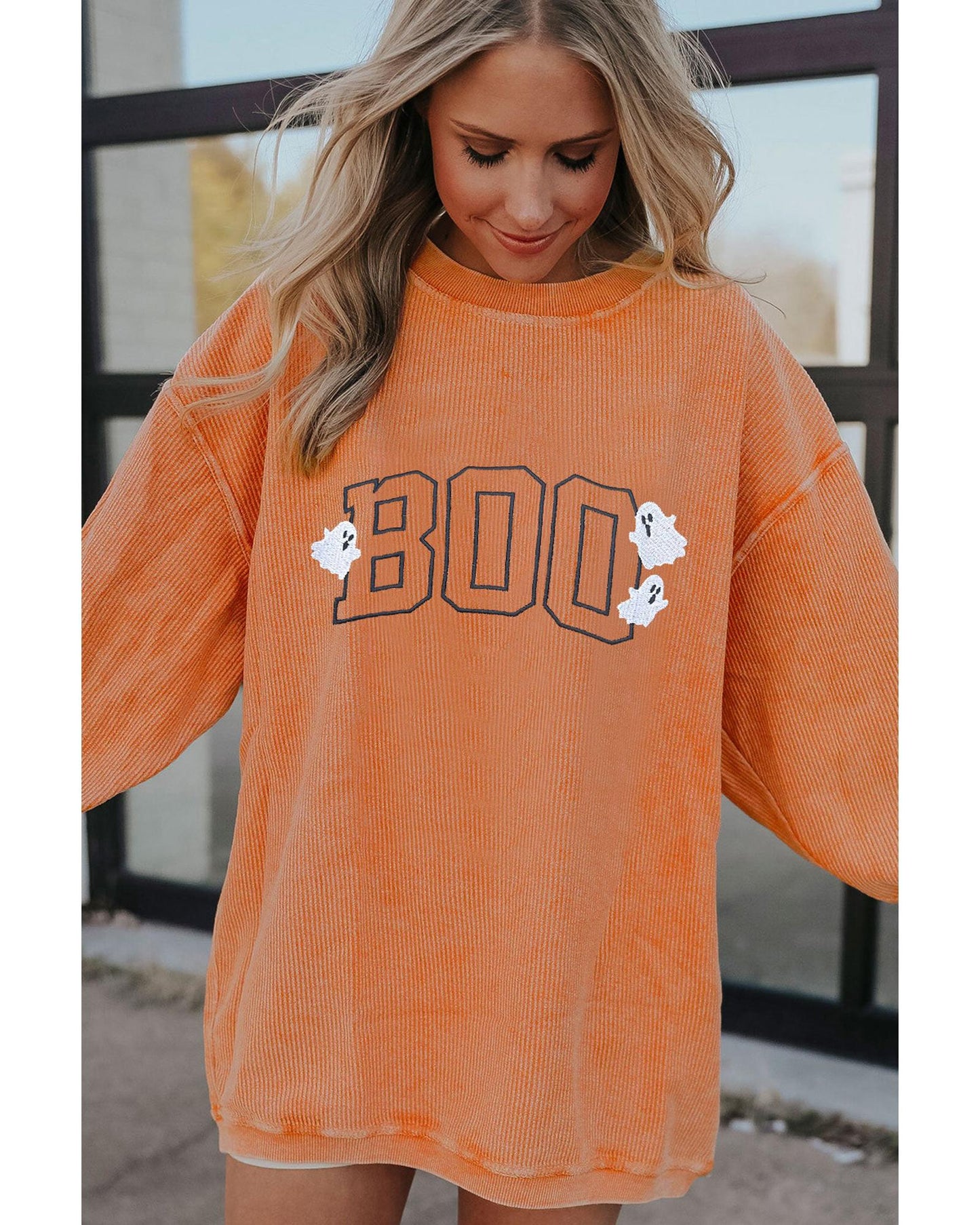 Orange Embroidered BOO Ghost Corded Halloween Sweatshirt - XL