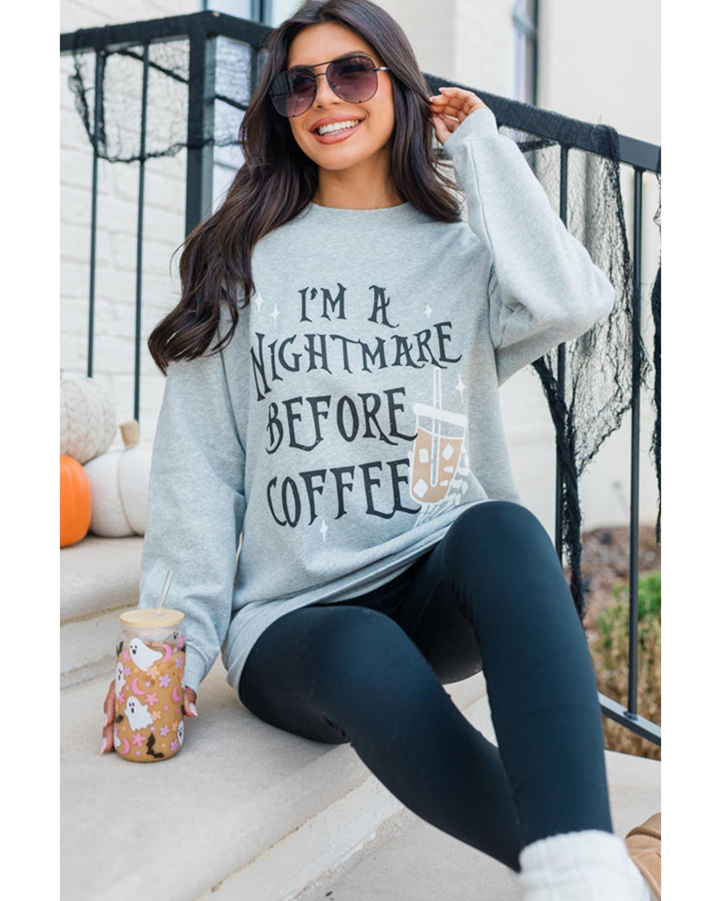 Gray I'M A NIGHTMARE BEFORE COFFEE Graphic Crewneck Sweatshirt - S