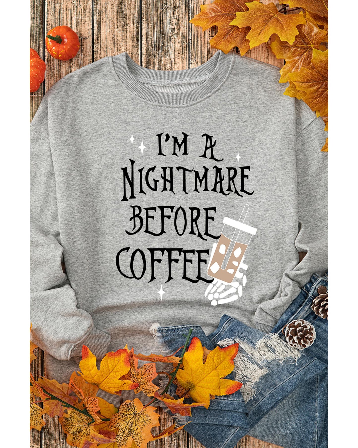 Gray I'M A NIGHTMARE BEFORE COFFEE Graphic Crewneck Sweatshirt - S