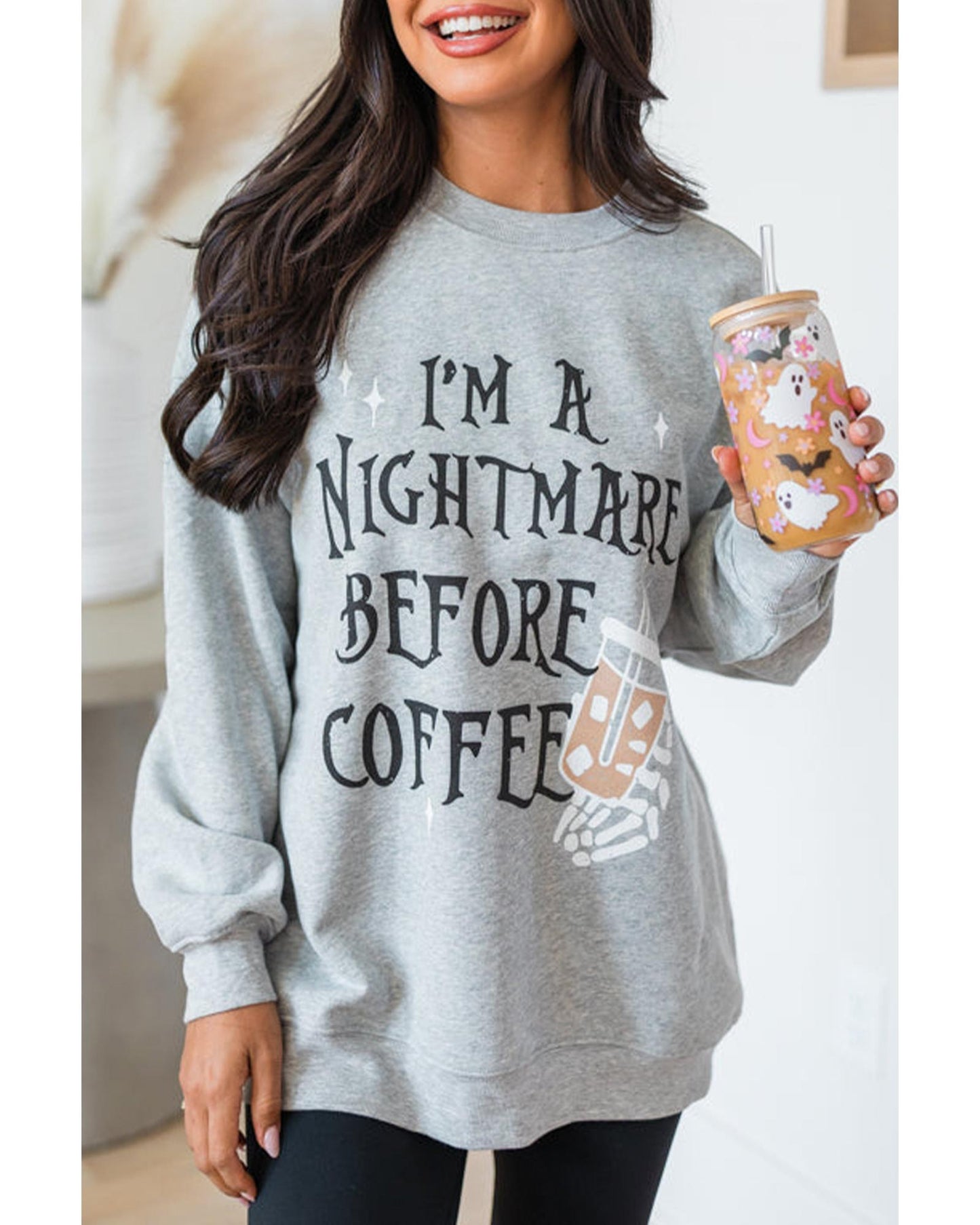 Gray I'M A NIGHTMARE BEFORE COFFEE Graphic Crewneck Sweatshirt - S