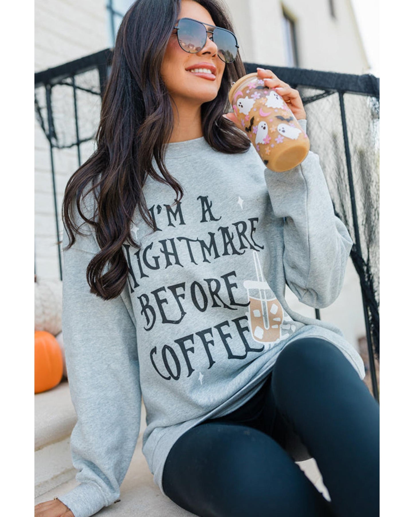 Gray I'M A NIGHTMARE BEFORE COFFEE Graphic Crewneck Sweatshirt - S
