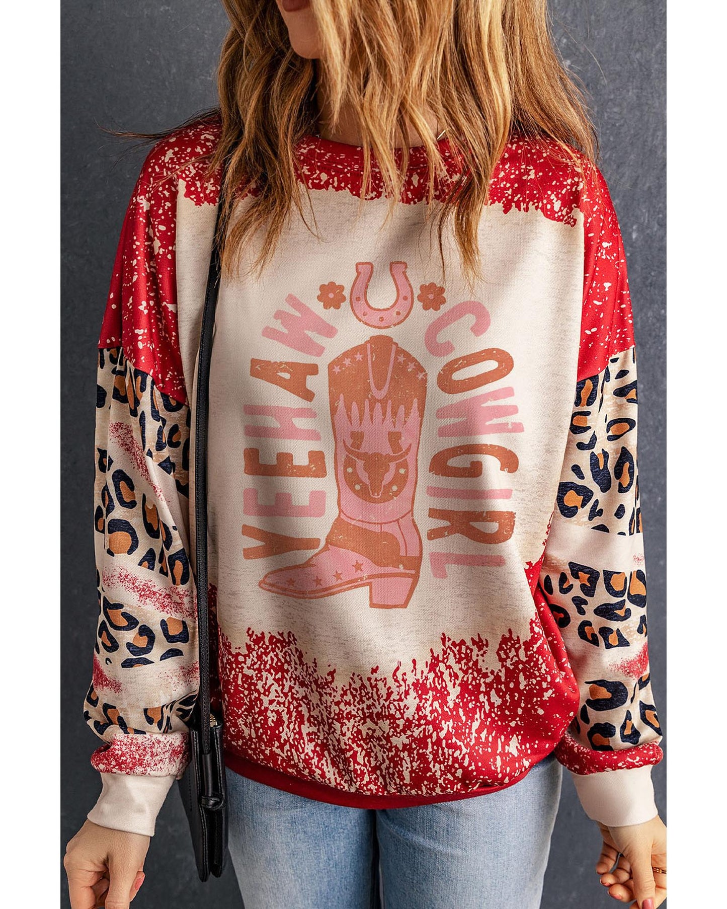 Red YEEHAW COWGIRL Graphic Bleached Scatter Leopard Sleeve Sweatshirt - L