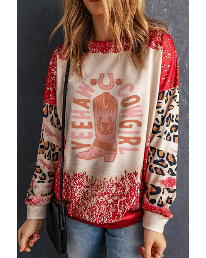Red YEEHAW COWGIRL Graphic Bleached Scatter Leopard Sleeve Sweatshirt - M