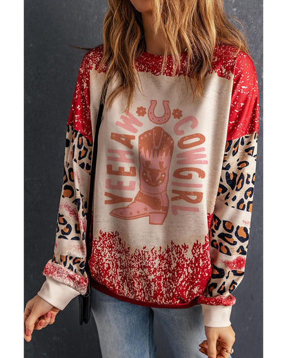 Red YEEHAW COWGIRL Graphic Bleached Scatter Leopard Sleeve Sweatshirt - M