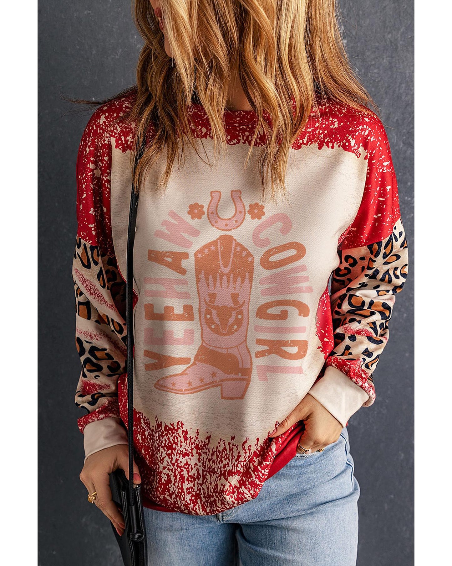 Red YEEHAW COWGIRL Graphic Bleached Scatter Leopard Sleeve Sweatshirt - S