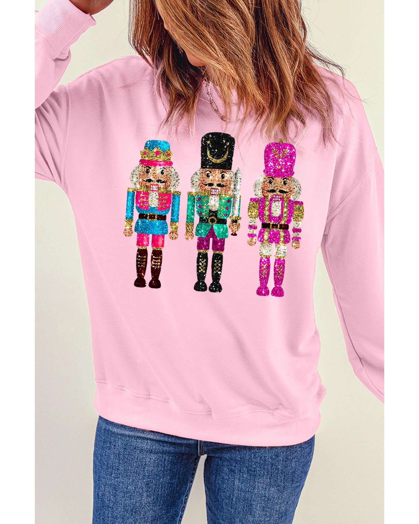 Pink Cute Nutcracker Printed Drop Shoulder Christmas Sweatshirt - L