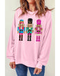 Pink Cute Nutcracker Printed Drop Shoulder Christmas Sweatshirt - M