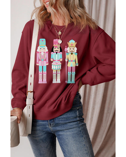 Burgundy Nutcracker Graphic Drop Shoulder Christmas Sweatshirt - M