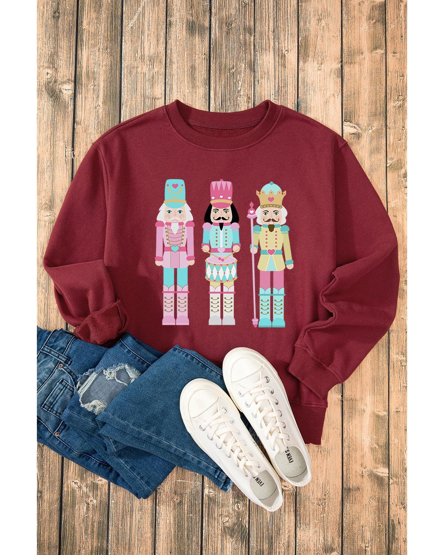 Burgundy Nutcracker Graphic Drop Shoulder Christmas Sweatshirt - S