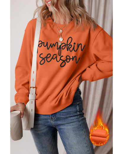 Russet Orange Glittering Pumpkin Season Graphic Drop Shoulder Pullover Sweatshirt - L