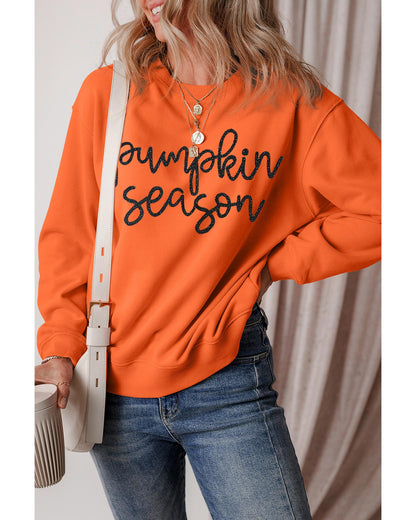 Russet Orange Glittering Pumpkin Season Graphic Drop Shoulder Pullover Sweatshirt - L