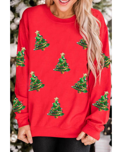 Red Sequin Christmas Tree Graphic Drop Shoulder Sweatshirt - L
