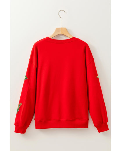 Red Sequin Christmas Tree Graphic Drop Shoulder Sweatshirt - M