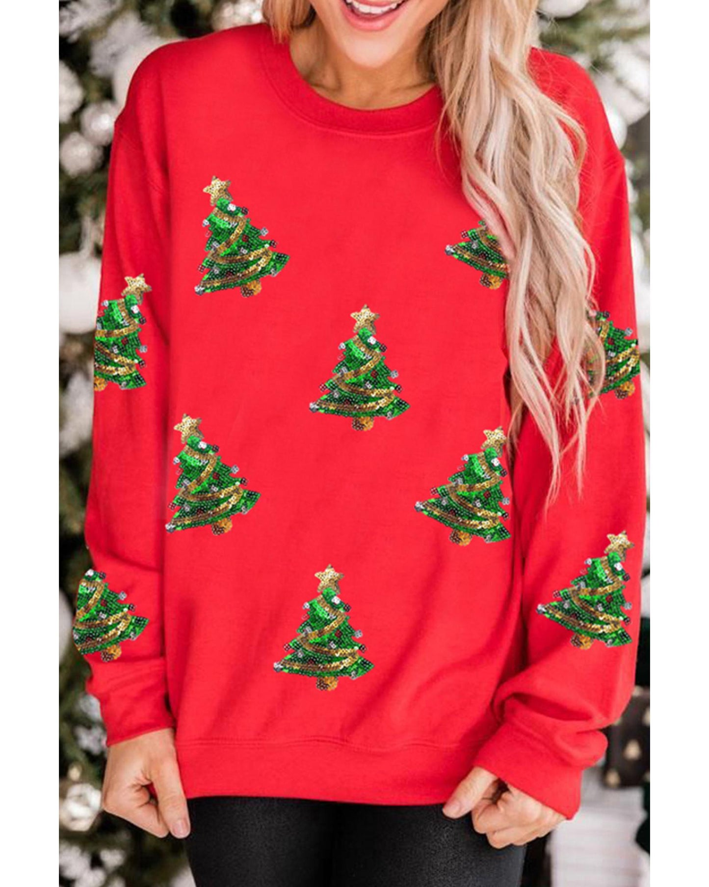 Red Sequin Christmas Tree Graphic Drop Shoulder Sweatshirt - S