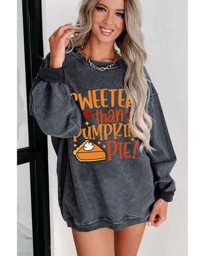 Gray Sweeter Than Pumpkin Pie Graphic Thanksgiving Corded Sweatshirt - S