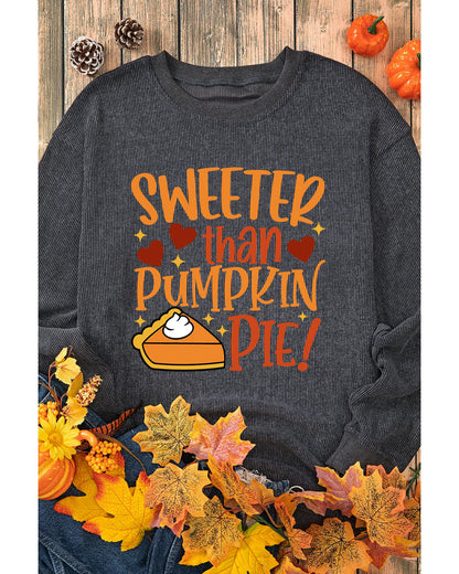 Gray Sweeter Than Pumpkin Pie Graphic Thanksgiving Corded Sweatshirt - S