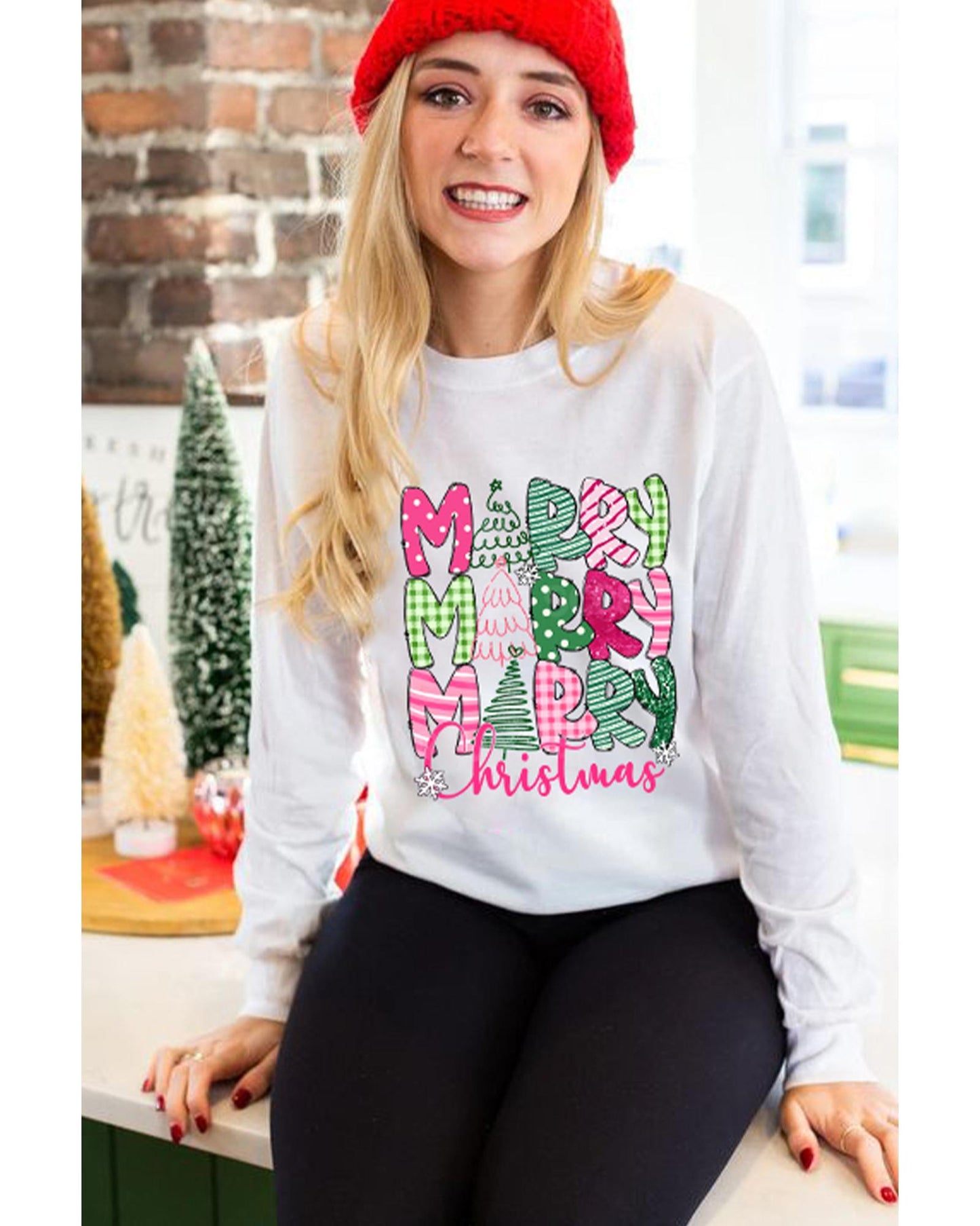 Beige MERRY Christmas Printed Drop Shoulder Pullover Sweatshirt - S