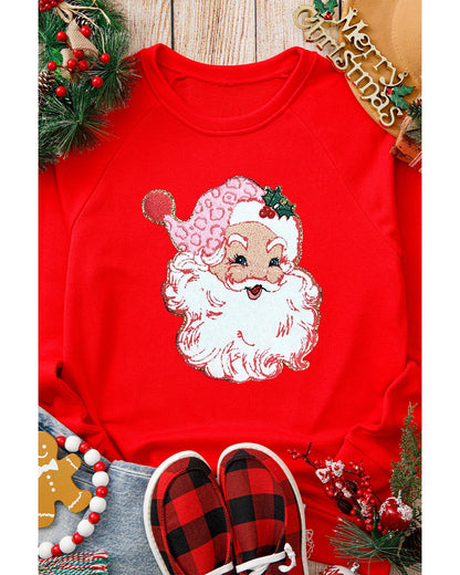 Red Santa Claus Graphic Crewneck Raglan Sleeve Christmas Sweatshirt - L
