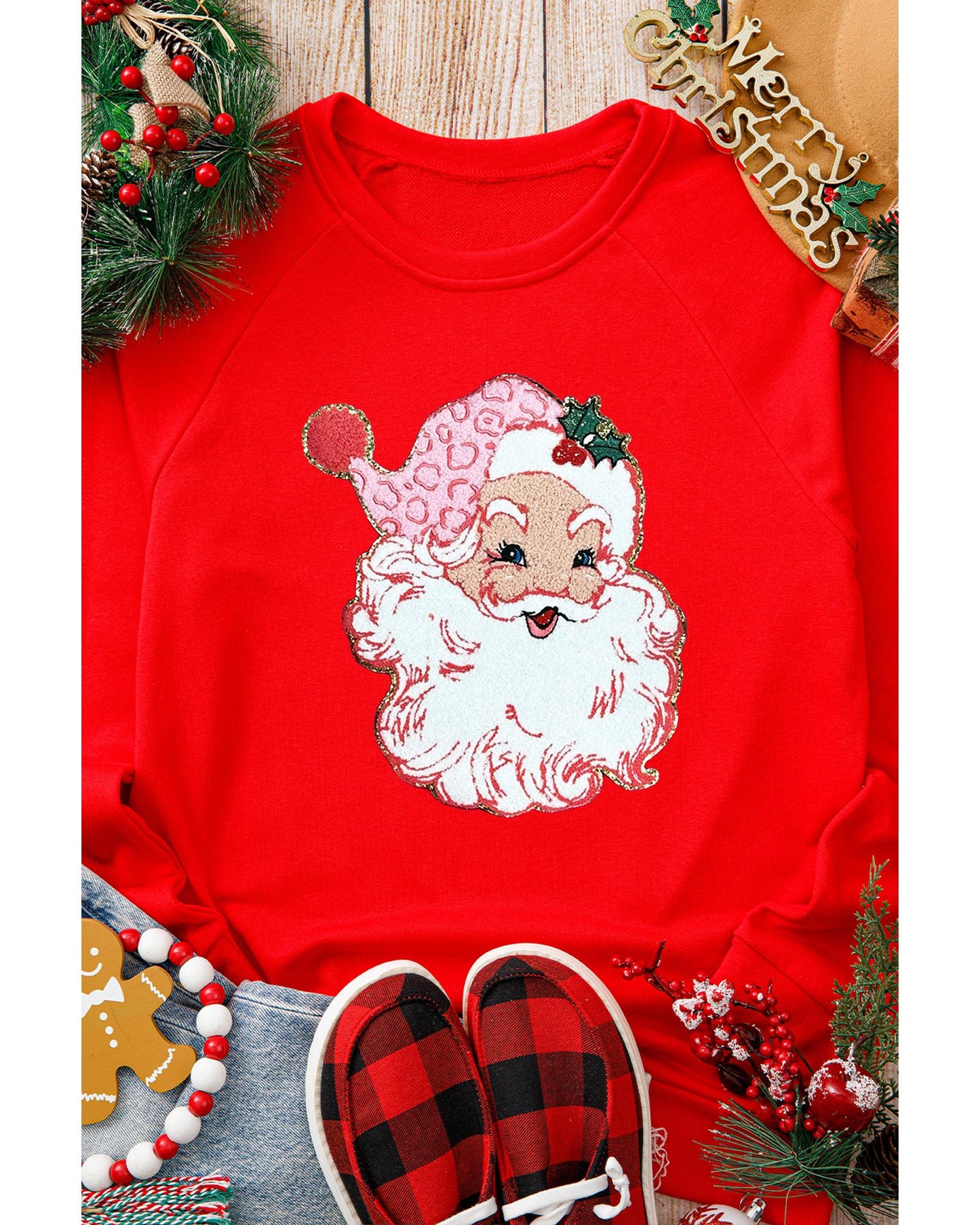 Red Santa Claus Graphic Crewneck Raglan Sleeve Christmas Sweatshirt - M