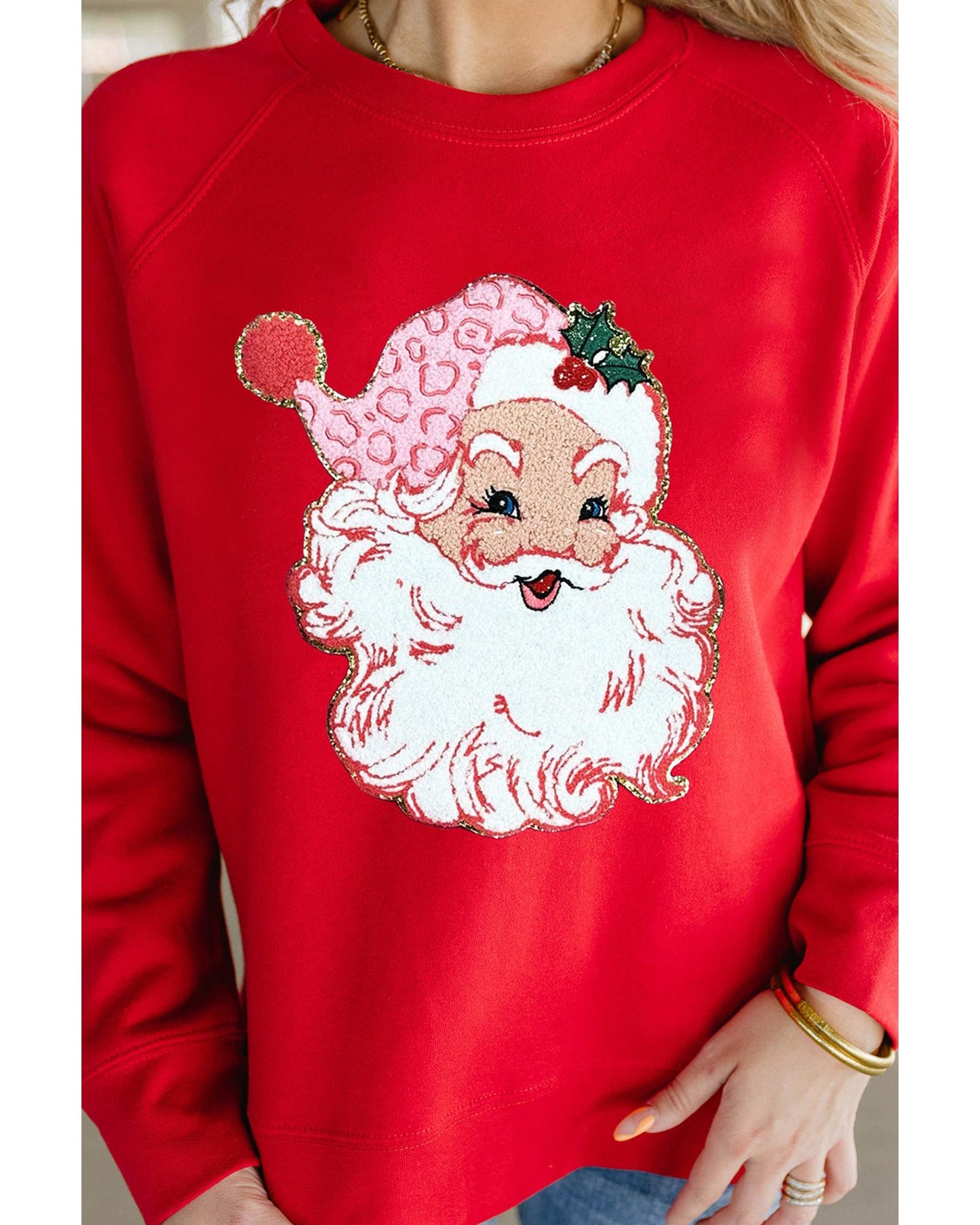 Red Santa Claus Graphic Crewneck Raglan Sleeve Christmas Sweatshirt - S