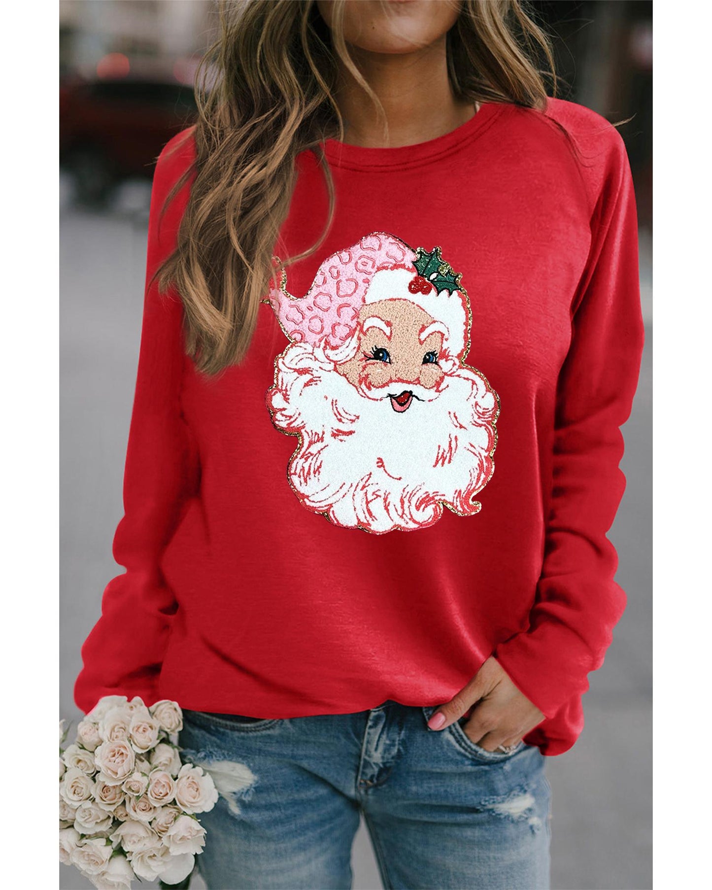 Red Santa Claus Graphic Crewneck Raglan Sleeve Christmas Sweatshirt - S