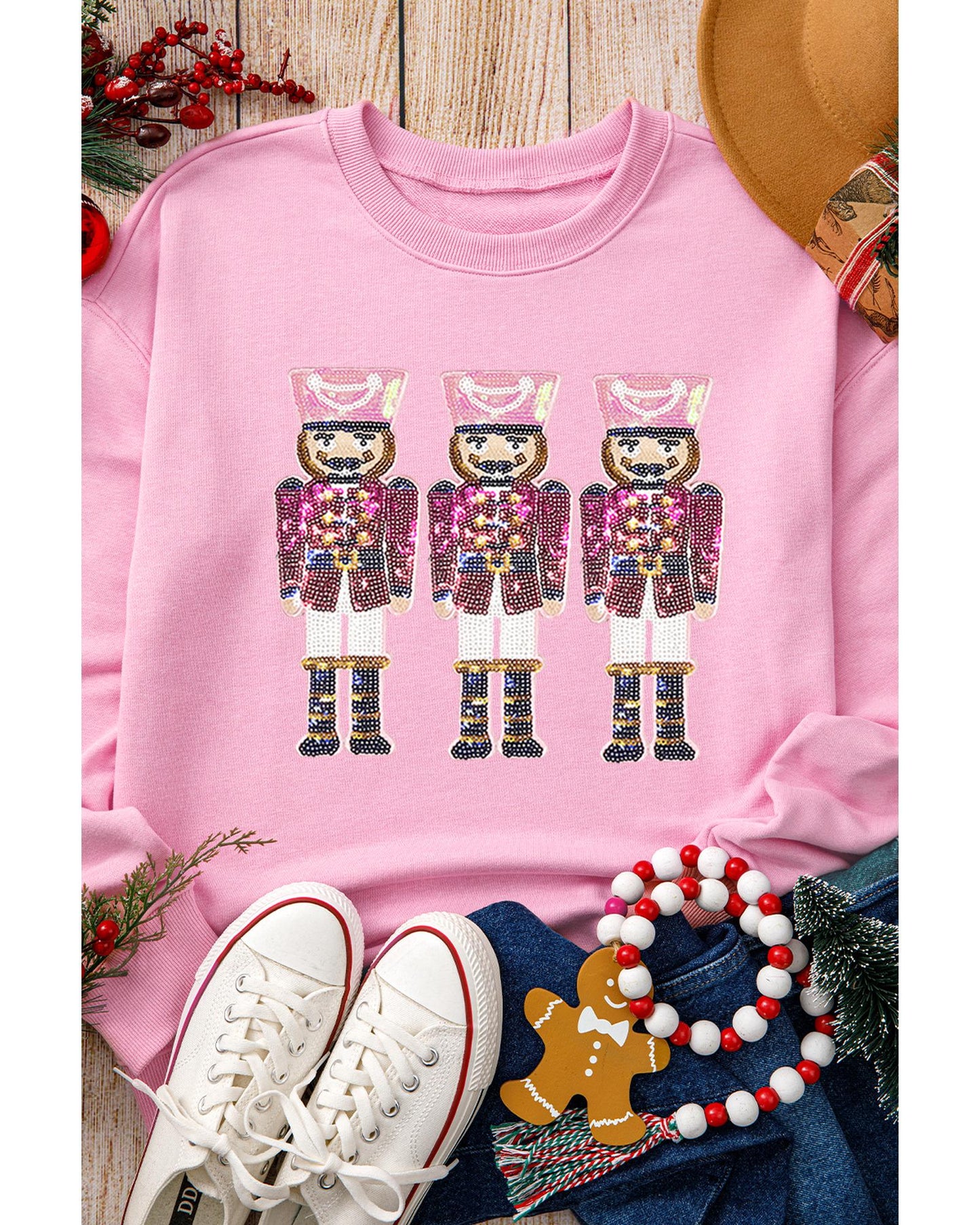 Pink Christmas Nutcracker Graphic Pullover Sweatshirt - M