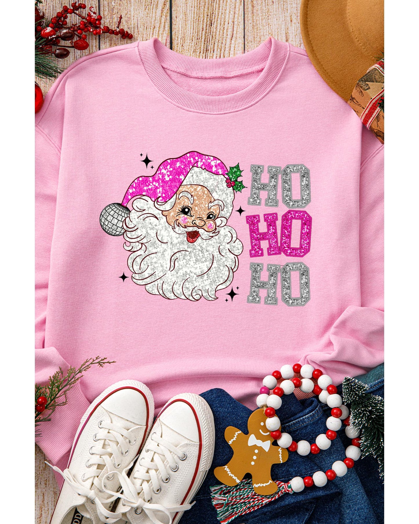 Pink Santa Claus HO HO HO Christmas Graphic Sweatshirt - 2XL