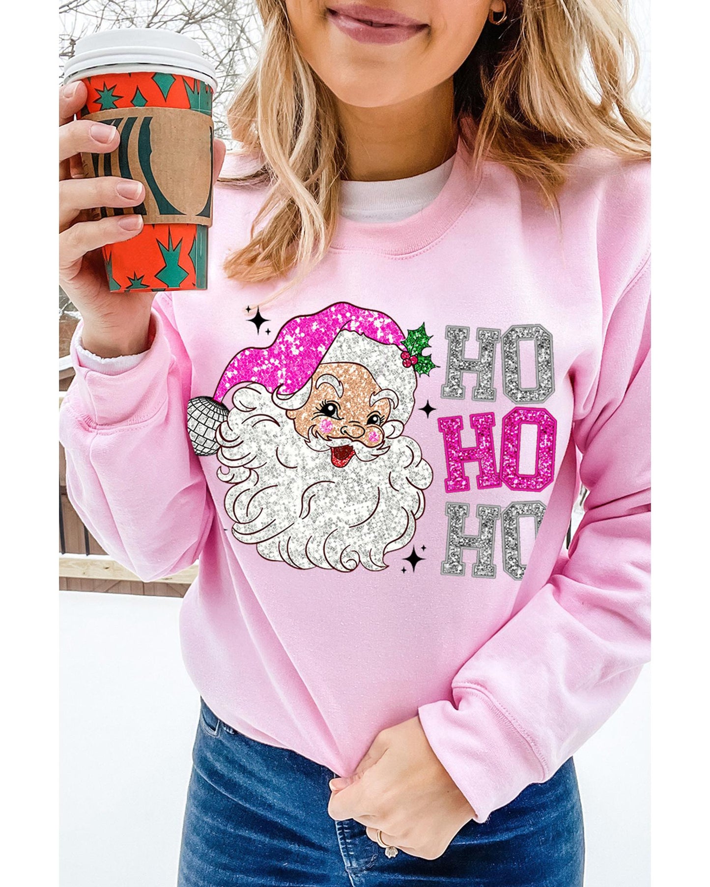 Pink Santa Claus HO HO HO Christmas Graphic Sweatshirt - 2XL