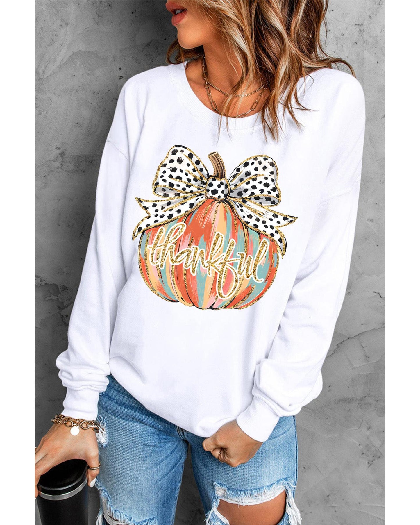 Beige Polka Dot Bow Knot Pumpkin Print Thanksgiving Sweatshirt - M