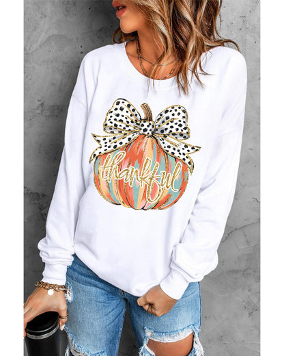 Beige Polka Dot Bow Knot Pumpkin Print Thanksgiving Sweatshirt - M