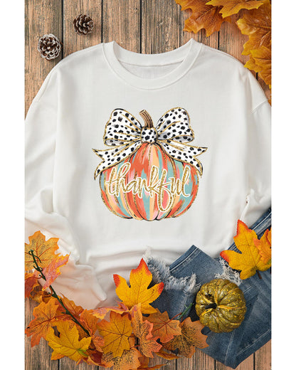Beige Polka Dot Bow Knot Pumpkin Print Thanksgiving Sweatshirt - M