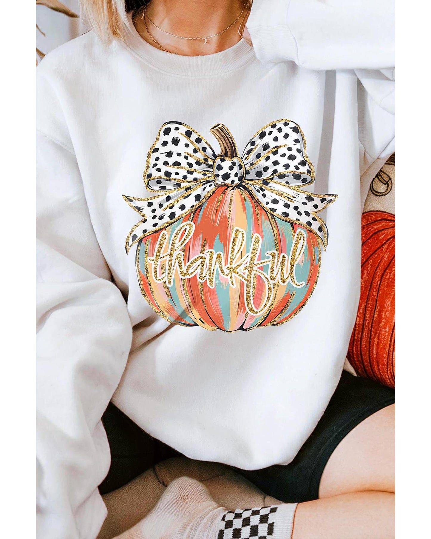 Beige Polka Dot Bow Knot Pumpkin Print Thanksgiving Sweatshirt - M