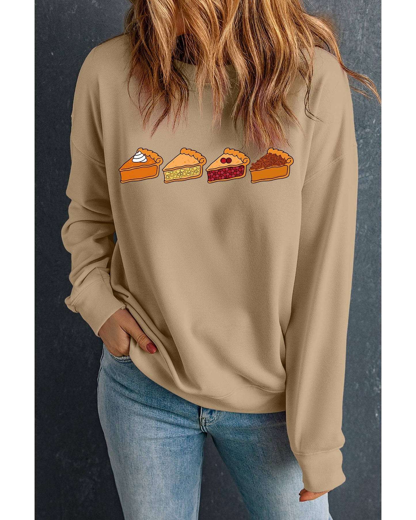 Khaki Thanksgiving Pie Print Drop Shoulder Sweatshirt - XL