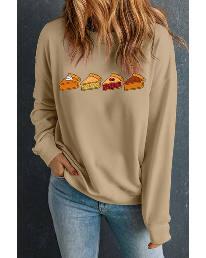 Khaki Thanksgiving Pie Print Drop Shoulder Sweatshirt - XL