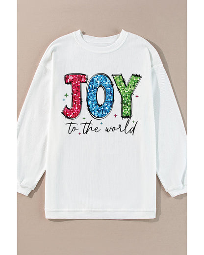 White JOY to the world Ribbed Crewneck Pullover Sweatshirt - L