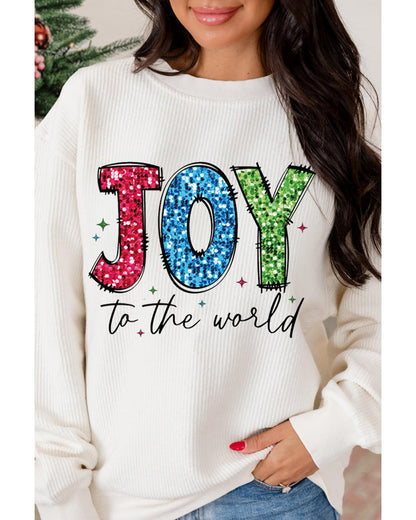 White JOY to the world Ribbed Crewneck Pullover Sweatshirt - L